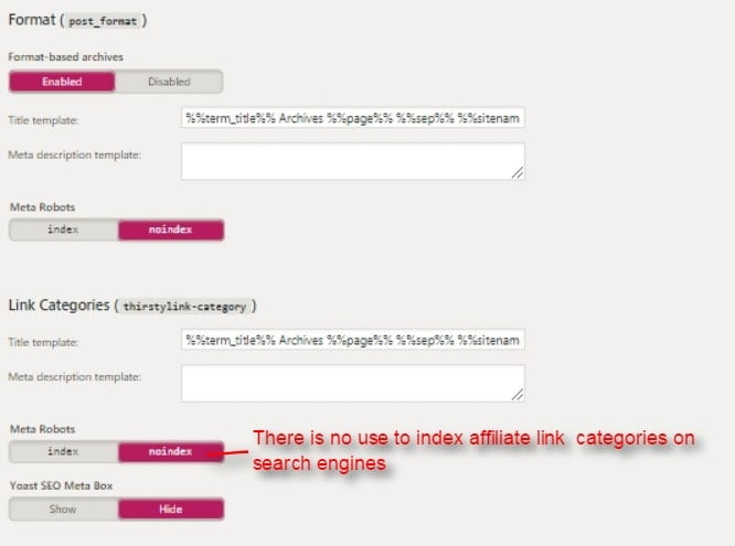 yoast seo taxonomies formats and link categories