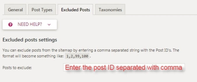 Exclude posts on XML sitemap by fill out post ID on this page