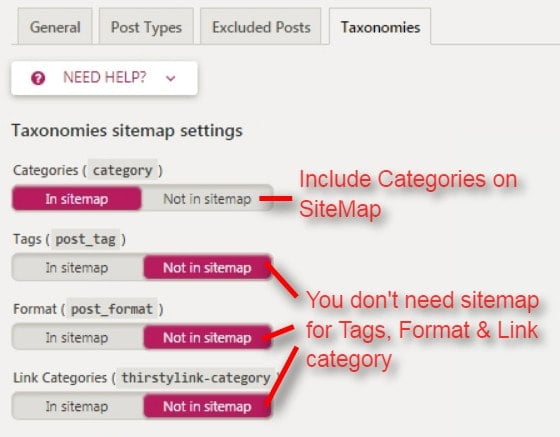 xml sitemap for categories, tags, format and link categories