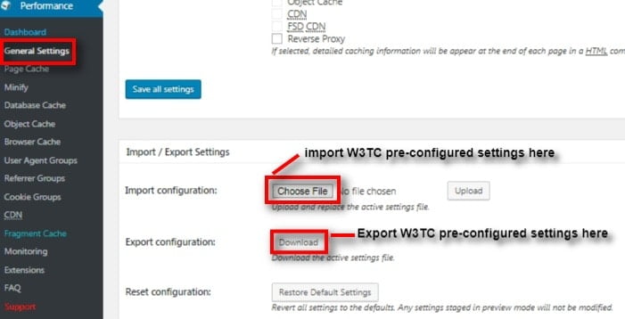 configure w3 total cache import and export settings