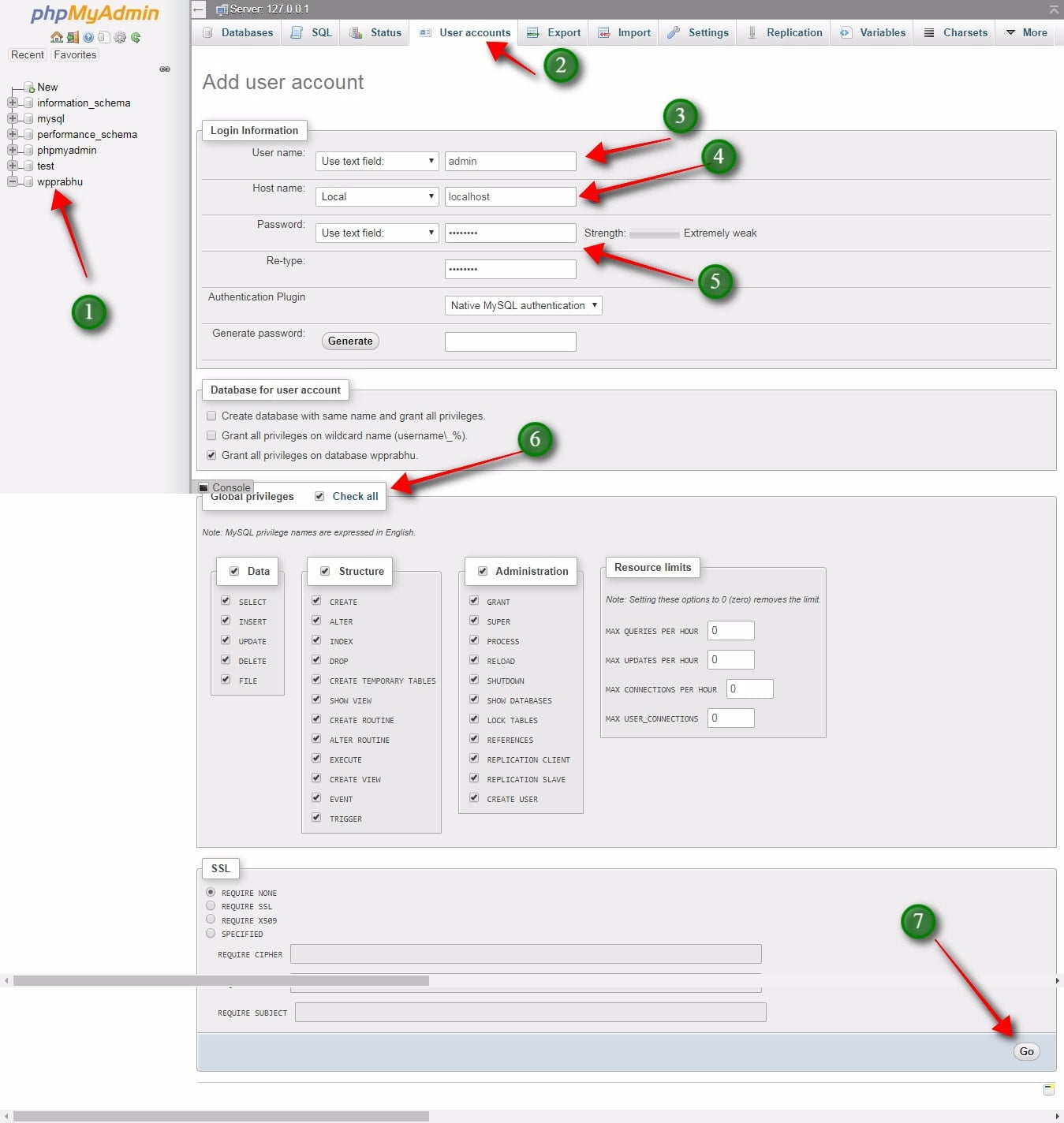 create username and password for database