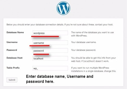 Enter WordPress database name, username and password