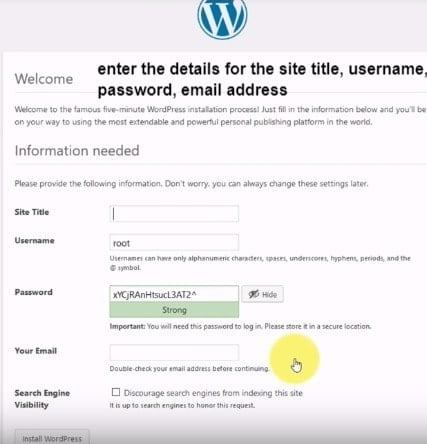 enter the details for the WordPress site title, username, password, email address