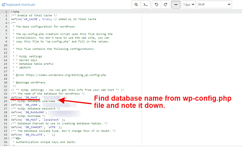 find database name from wp-config.php file