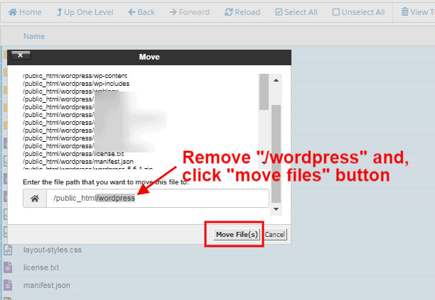 remove wordpress and click move files button
