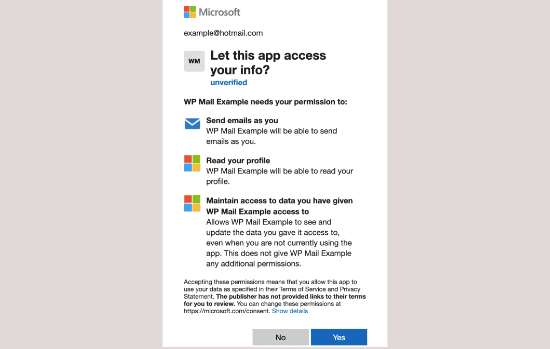 Microsoft Permission form and select yes