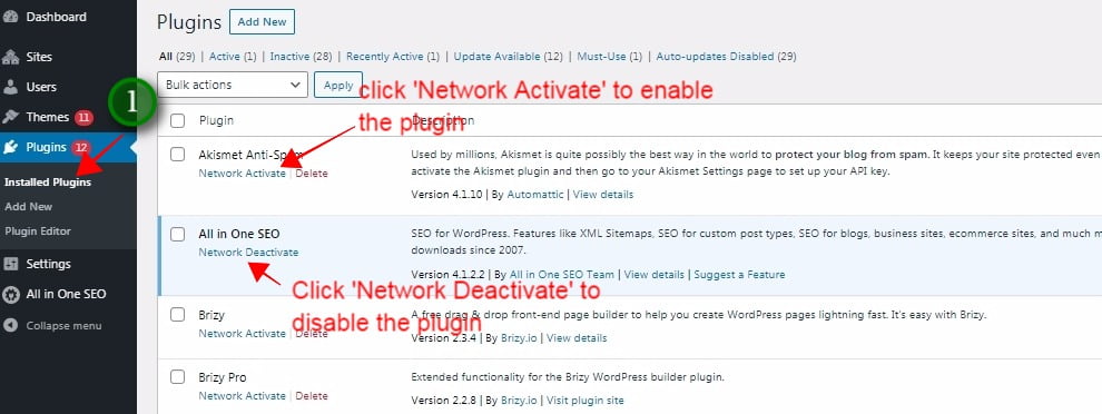 enable and disable plugins on the wordpress multisite network