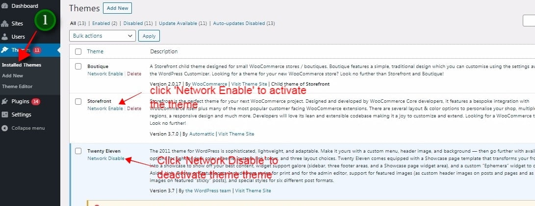 enable and disable themes on the wordpress multisite network