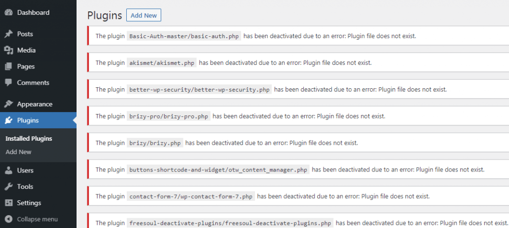 screen shows the deactivated plugins in wordpress