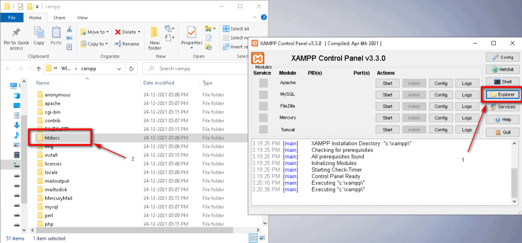 open XAMPP Control Panel and Explorer